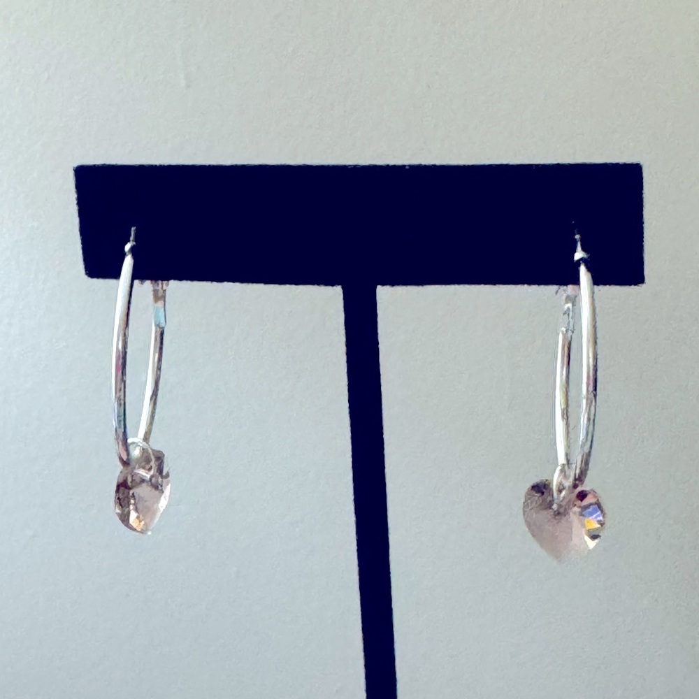 COPY - Silver Tone Hoops With Dangling Swarovski Crystal Pink Heart